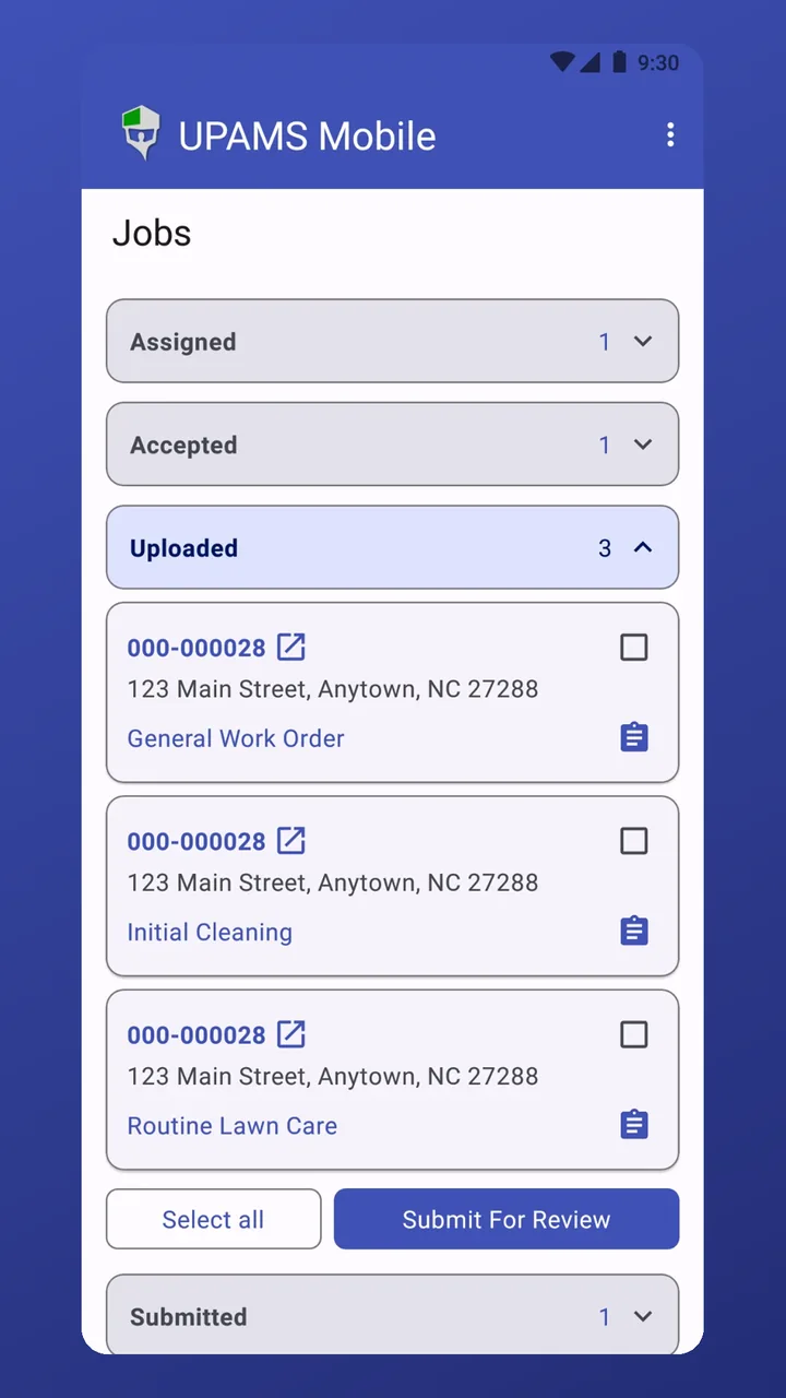 Jobs grouped by Assigned, Accepted, Uploaded and Submitted, with Submit For Review