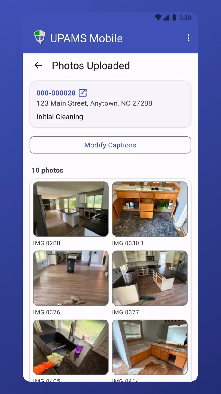 Uploaded photos for a job with editable captions