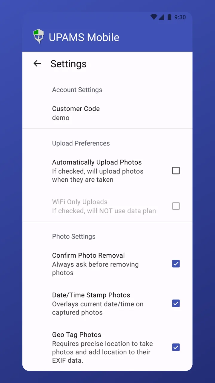 Settings for automatic uploads, Wi-Fi only uploads, date/time stamps and geotagging