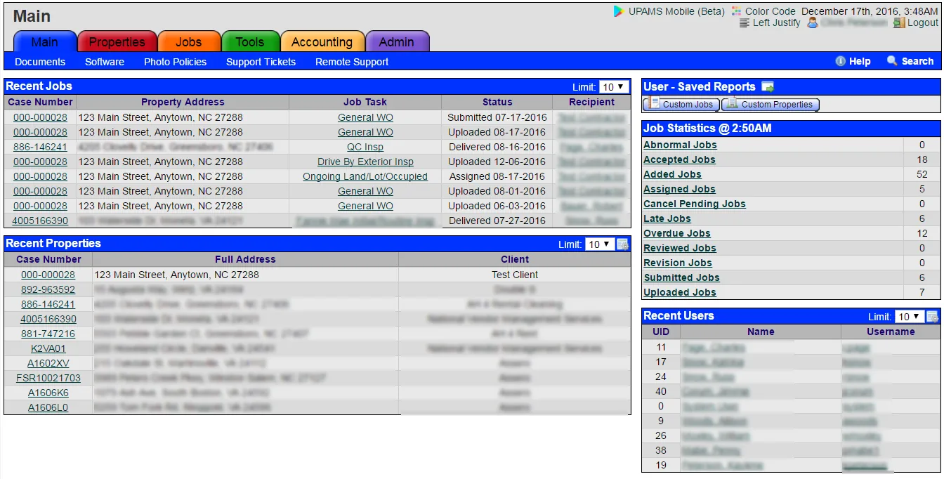 UPAMS main dashboard showing a property inventory list