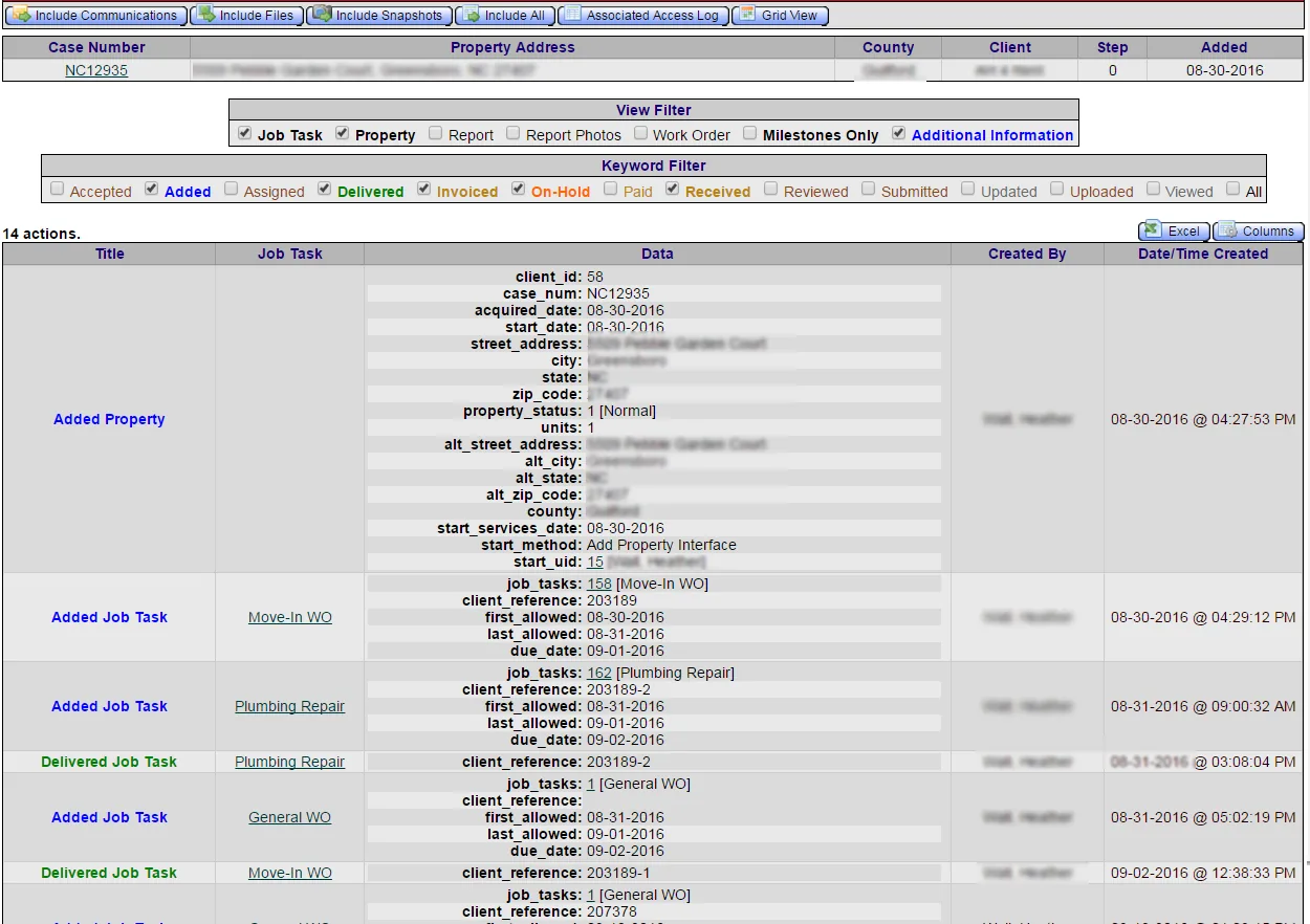 Property timeline showing the history of jobs and events